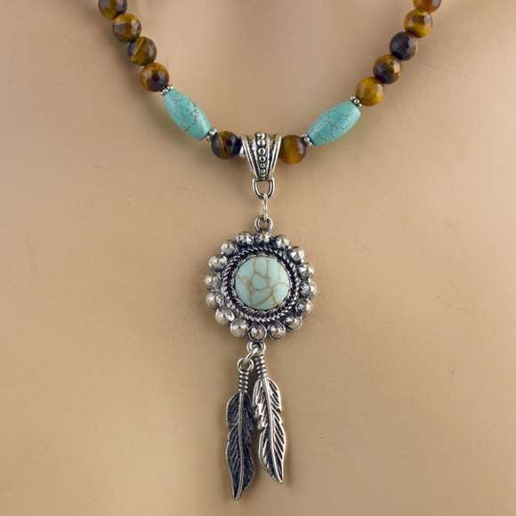 Tiger Eye & Turquoise Feather Necklace Set - Picture 4 of 4